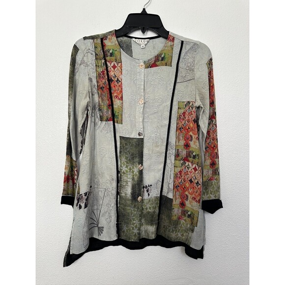 Citron Santa Monica Button Front Silk Blouse Abstract White Black Women's Medium - Picture 1 of 7